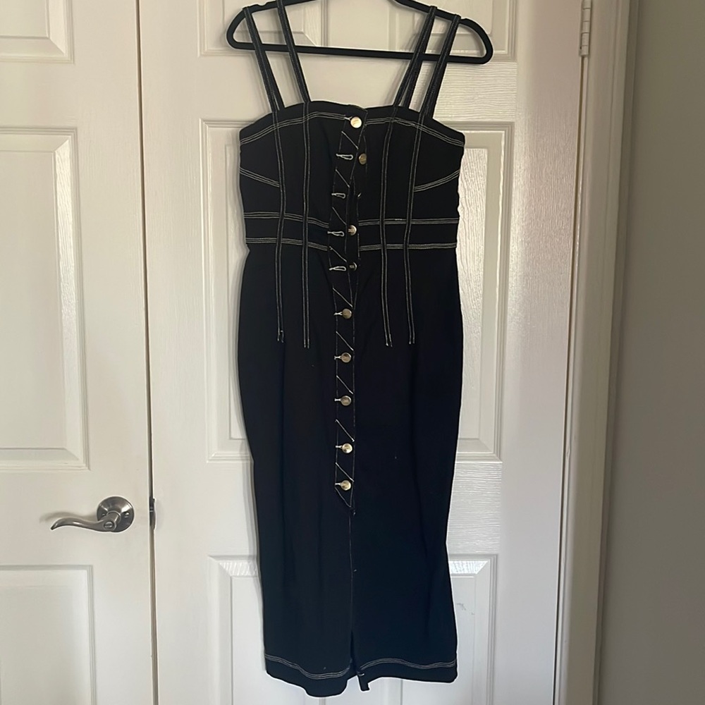 Black denim two strap midi dress.